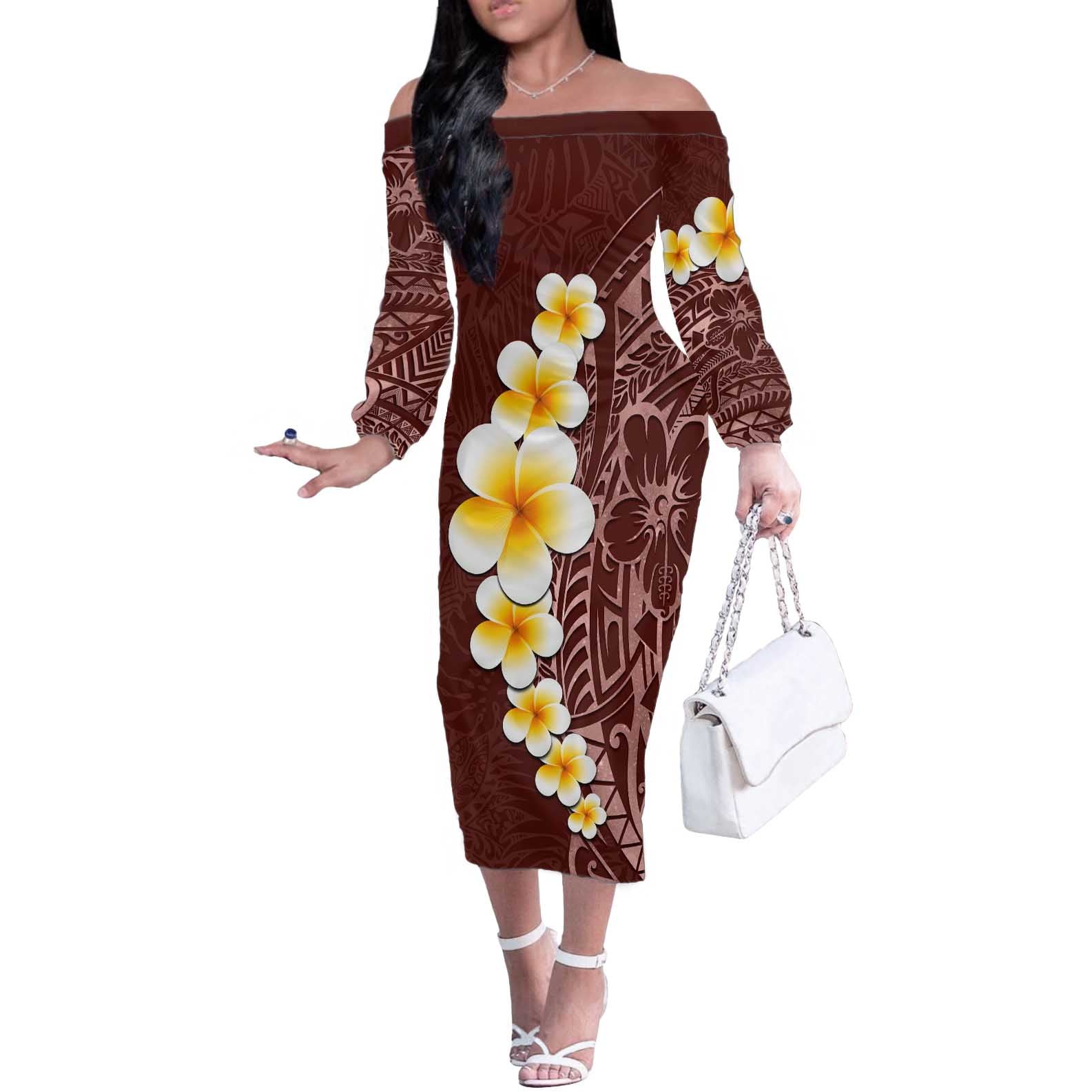Oxblood Tropical Plumeria With Galaxy Polynesian Art Off The Shoulder Long Sleeve Dress LT14 Women Oxblood - Polynesian Pride