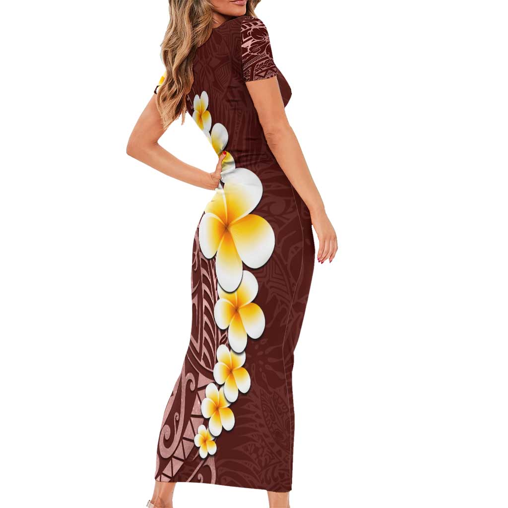 Oxblood Tropical Plumeria With Galaxy Polynesian Art Short Sleeve Bodycon Dress LT14 - Polynesian Pride