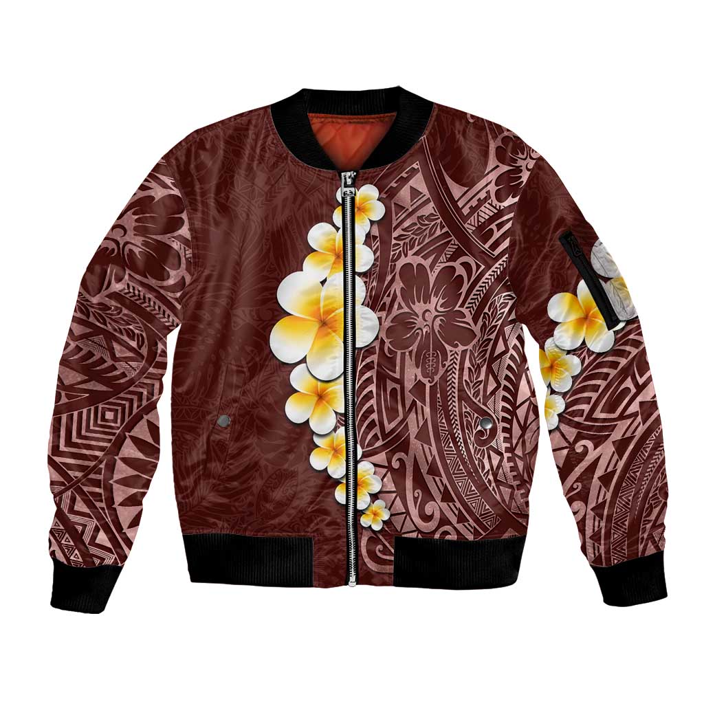 Oxblood Tropical Plumeria With Galaxy Polynesian Art Sleeve Zip Bomber Jacket LT14 Unisex Oxblood - Polynesian Pride