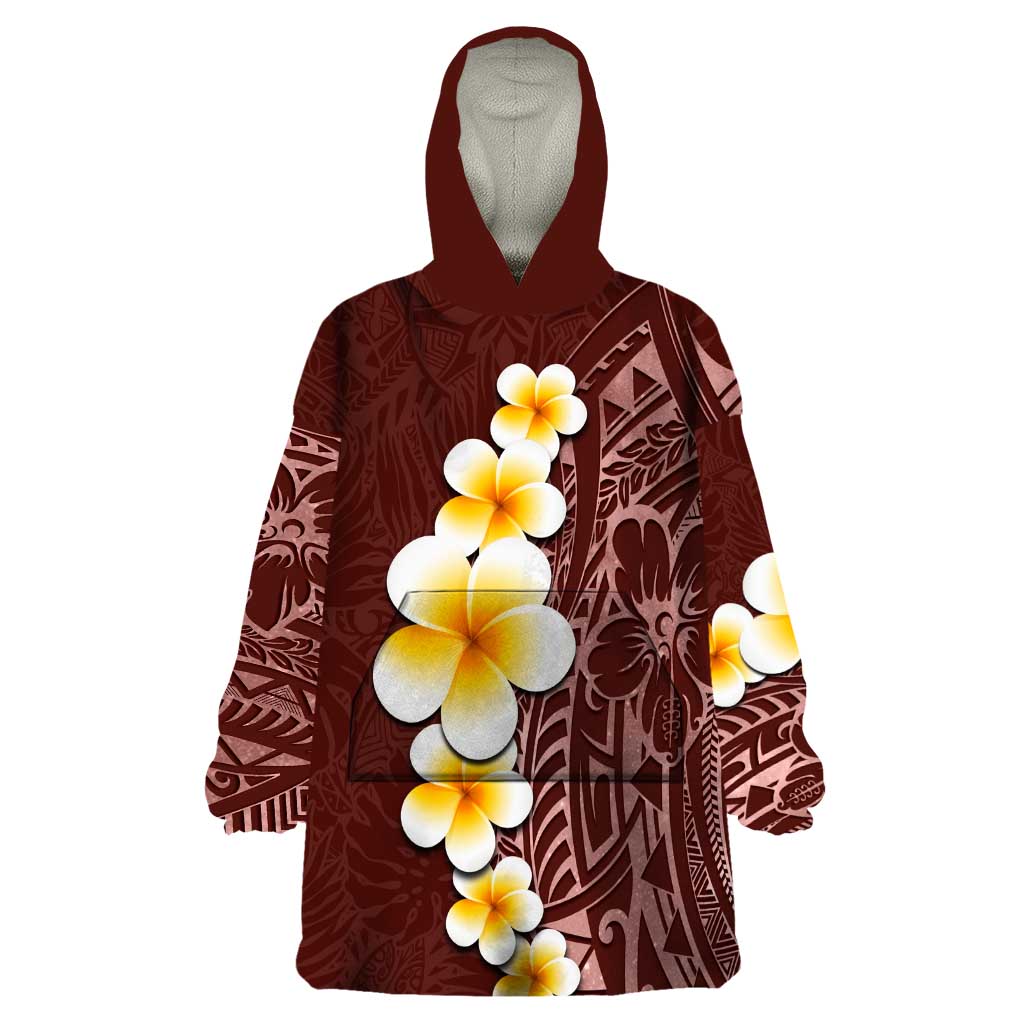 Oxblood Tropical Plumeria With Galaxy Polynesian Art Wearable Blanket Hoodie LT14 One Size Oxblood - Polynesian Pride