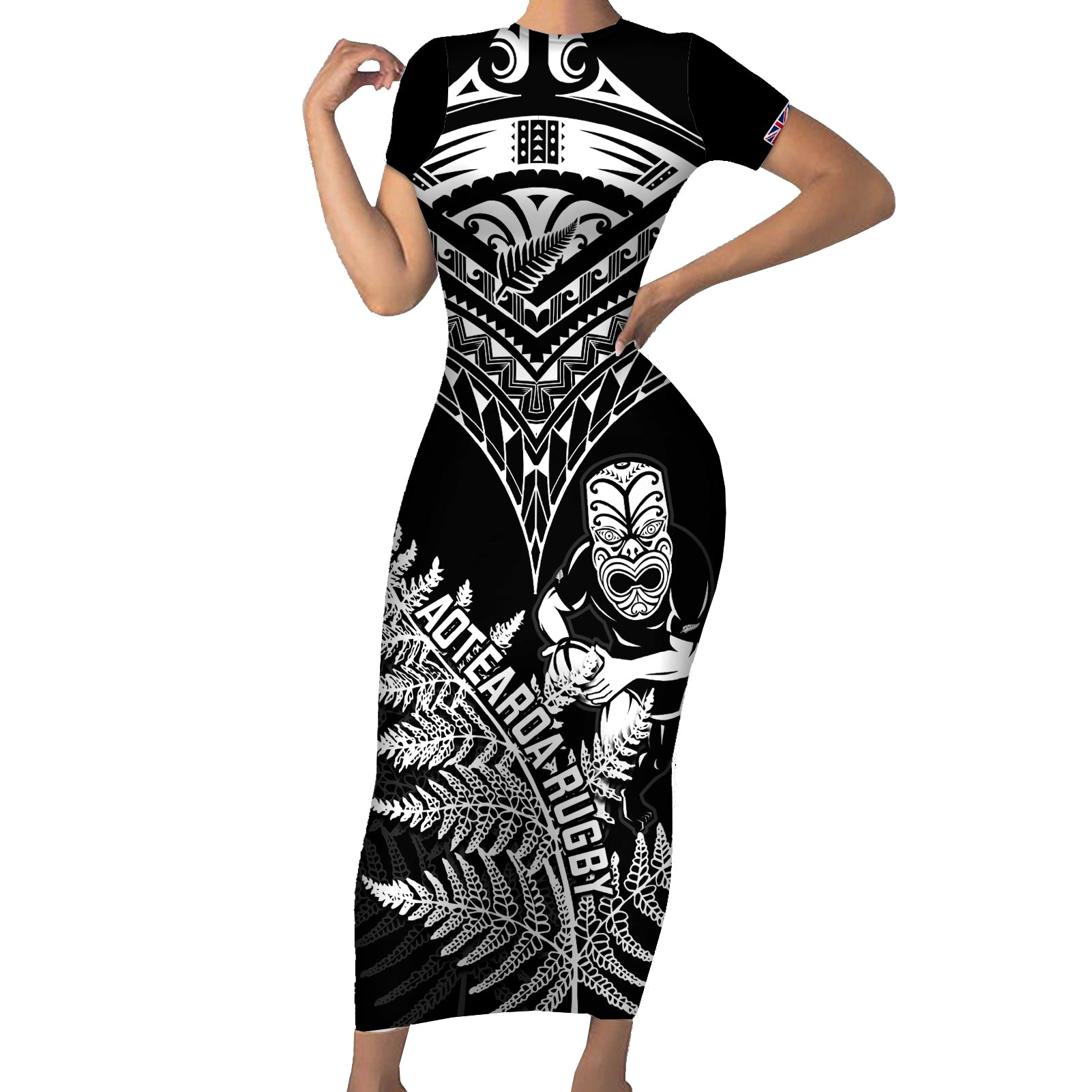 New Zealand Silver Fern Rugby Short Sleeve Bodycon Dress Go All Black 2023 World Cup LT14 Long Dress Black - Polynesian Pride