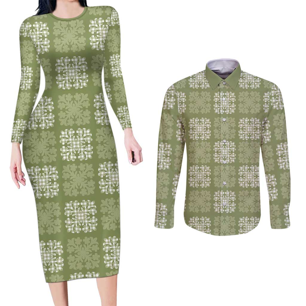 Vesuvian Green Palaka Quilt Hawaii Couples Matching Long Sleeve Bodycon Dress and Long Sleeve Button Shirt Traditional Hawaii-plaid Pattern - Polynesian Pride