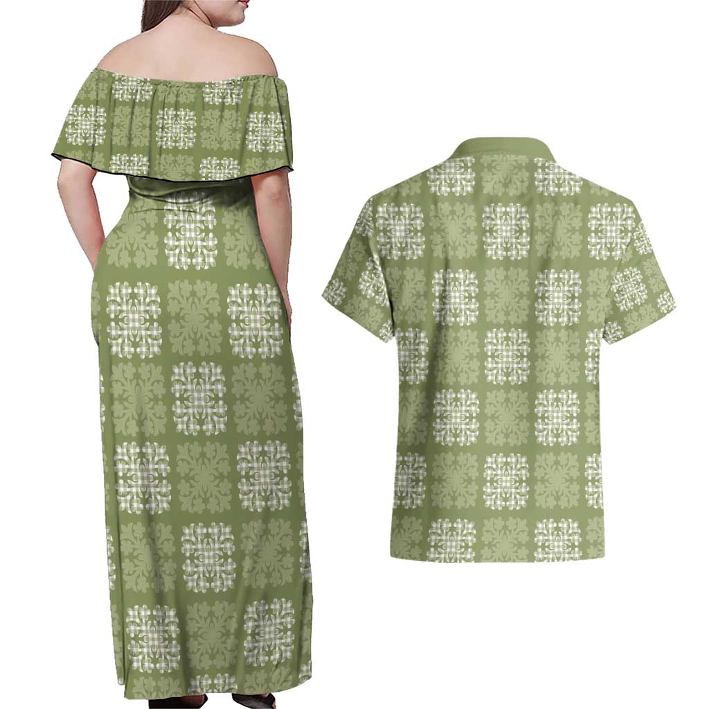 Vesuvian Green Palaka Quilt Hawaii Couples Matching Off Shoulder Maxi Dress and Hawaiian Shirt Traditional Hawaii-plaid Pattern - Polynesian Pride