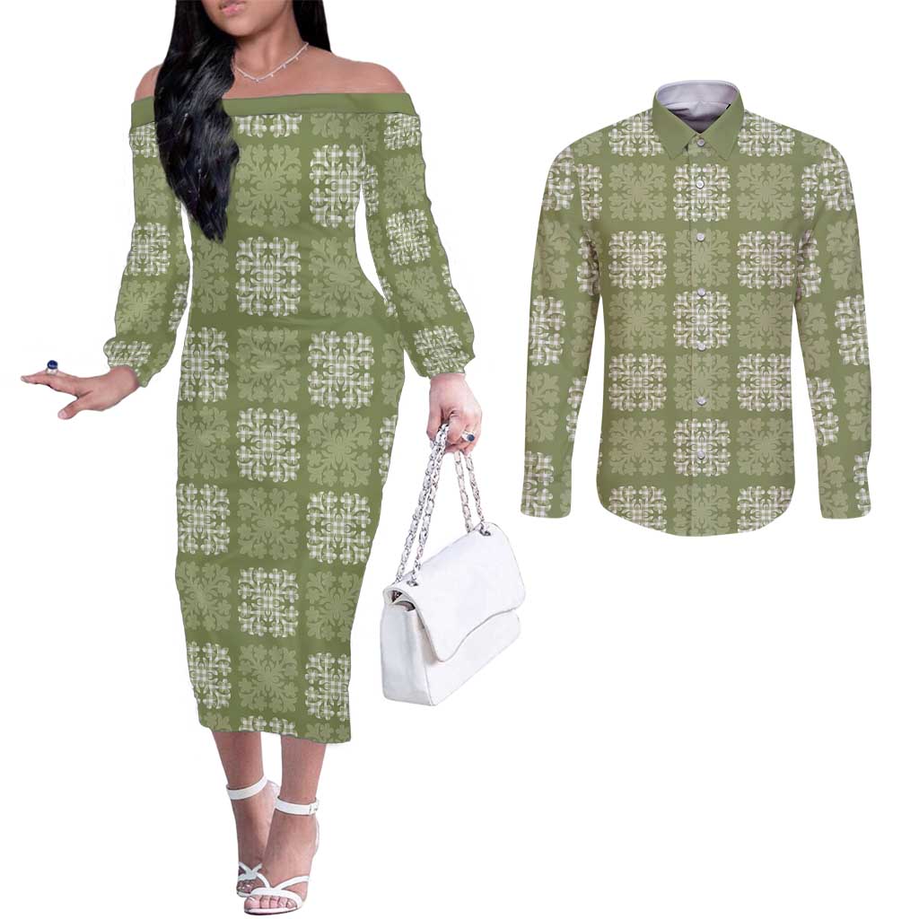 Vesuvian Green Palaka Quilt Hawaii Couples Matching Off The Shoulder Long Sleeve Dress and Long Sleeve Button Shirt Traditional Hawaii-plaid Pattern - Polynesian Pride