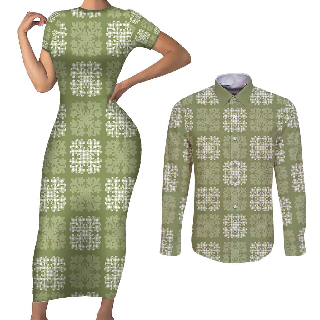 Vesuvian Green Palaka Quilt Hawaii Couples Matching Short Sleeve Bodycon  Dress and Long Sleeve Button Shirt