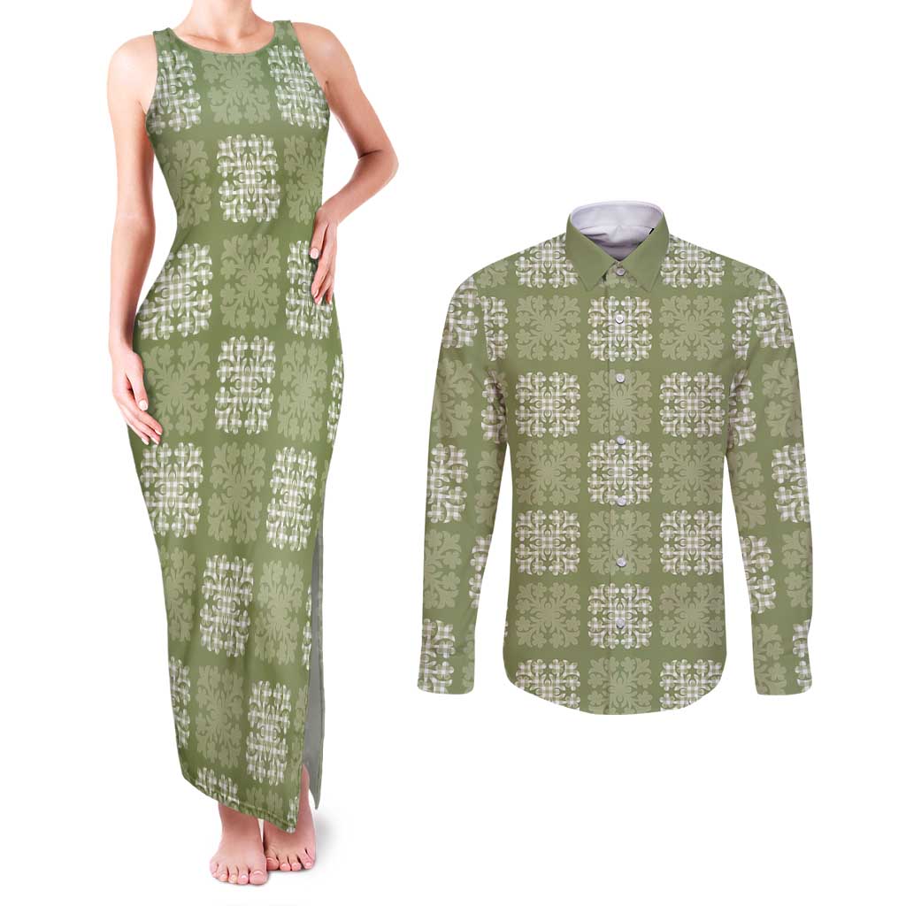 Vesuvian Green Palaka Quilt Hawaii Couples Matching Tank Maxi Dress and Long Sleeve Button Shirt Traditional Hawaii-plaid Pattern - Polynesian Pride