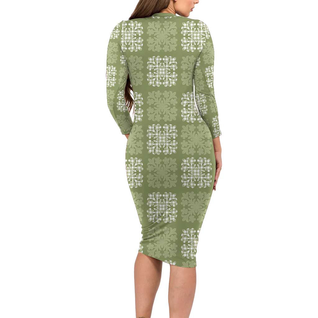 Vesuvian Green Palaka Quilt Hawaii Family Matching Long Sleeve Bodycon Dress and Hawaiian Shirt Traditional Hawaii