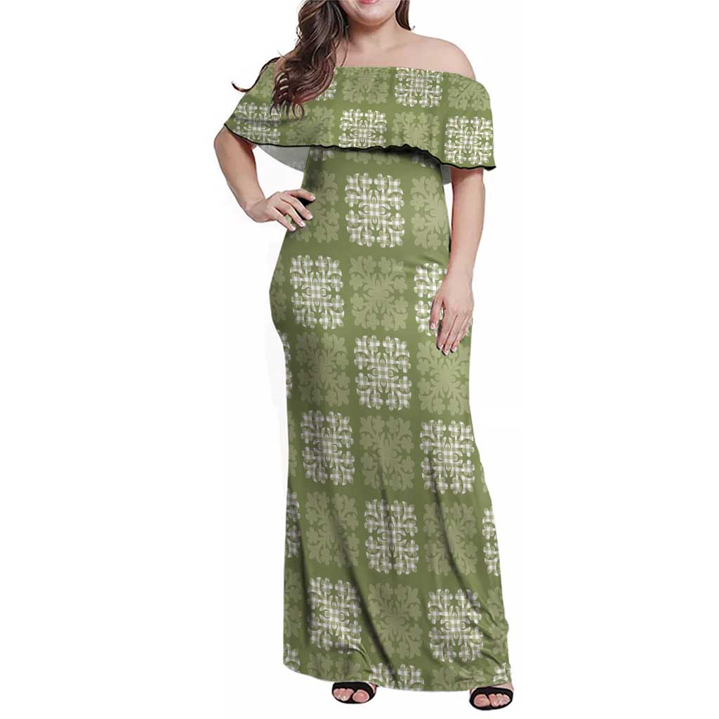 Vesuvian Green Palaka Quilt Hawaii Family Matching Off Shoulder Maxi Dress and Hawaiian Shirt Traditional Hawaii-plaid Pattern - Polynesian Pride