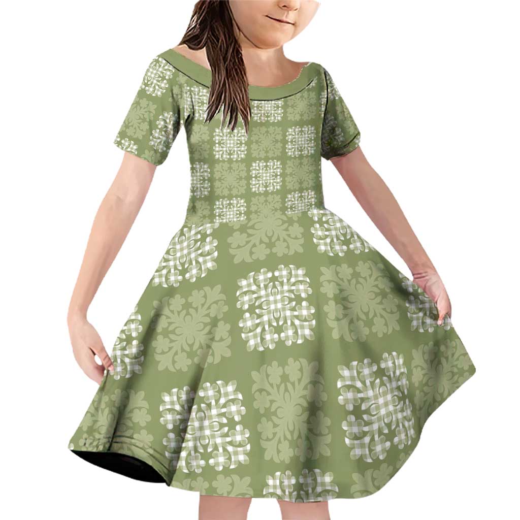 Vesuvian Green Palaka Quilt Hawaii Family Matching Off Shoulder Short Dress and Hawaiian Shirt Traditional Hawaii-plaid Pattern - Polynesian Pride