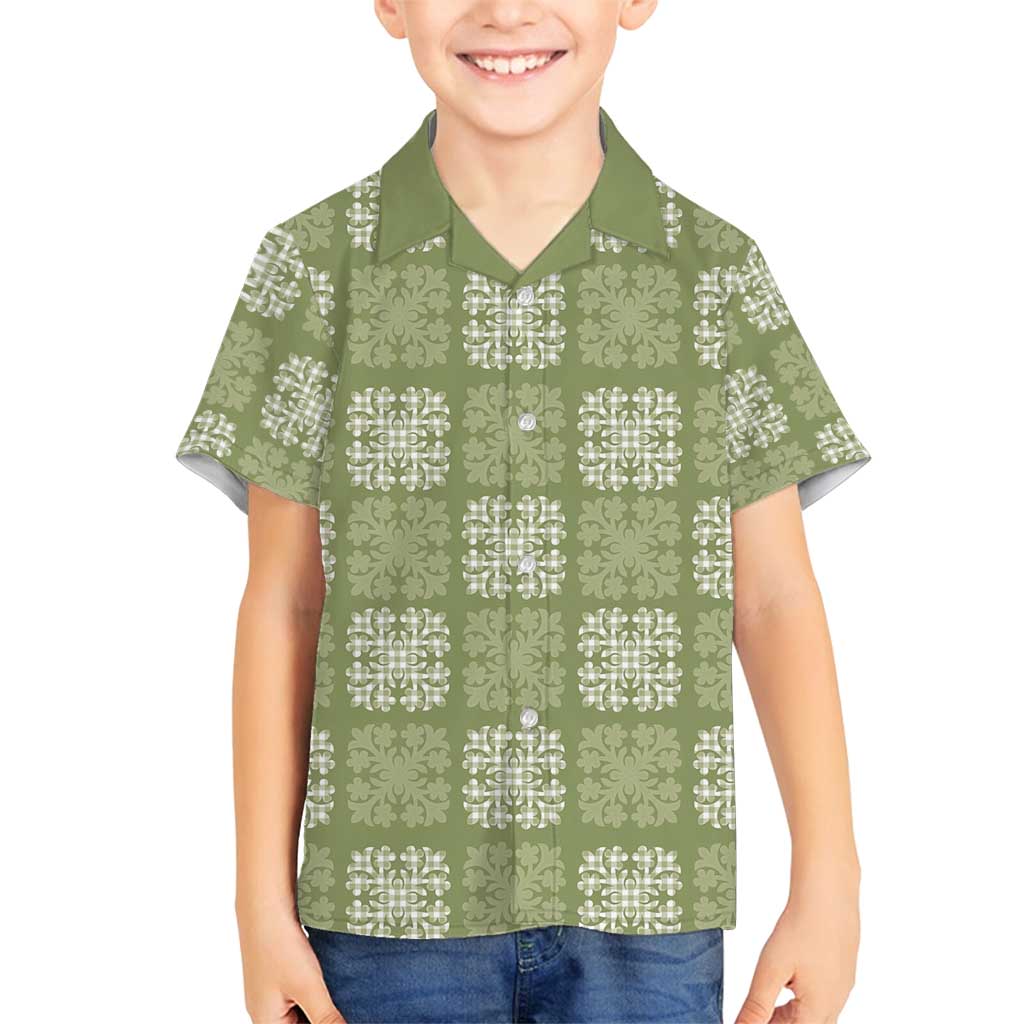 Vesuvian Green Palaka Quilt Hawaii Family Matching Off Shoulder Short Dress and Hawaiian Shirt Traditional Hawaii-plaid Pattern - Polynesian Pride