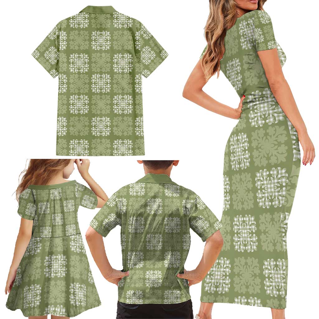 Vesuvian Green Palaka Quilt Hawaii Family Matching Short Sleeve Bodycon Dress and Hawaiian Shirt Traditional Hawaii-plaid Pattern - Polynesian Pride
