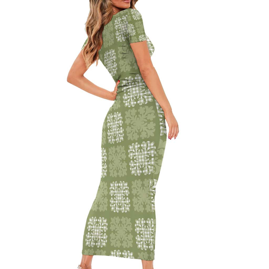 Vesuvian Green Palaka Quilt Hawaii Family Matching Short Sleeve Bodycon Dress and Hawaiian Shirt Traditional Hawaii-plaid Pattern - Polynesian Pride