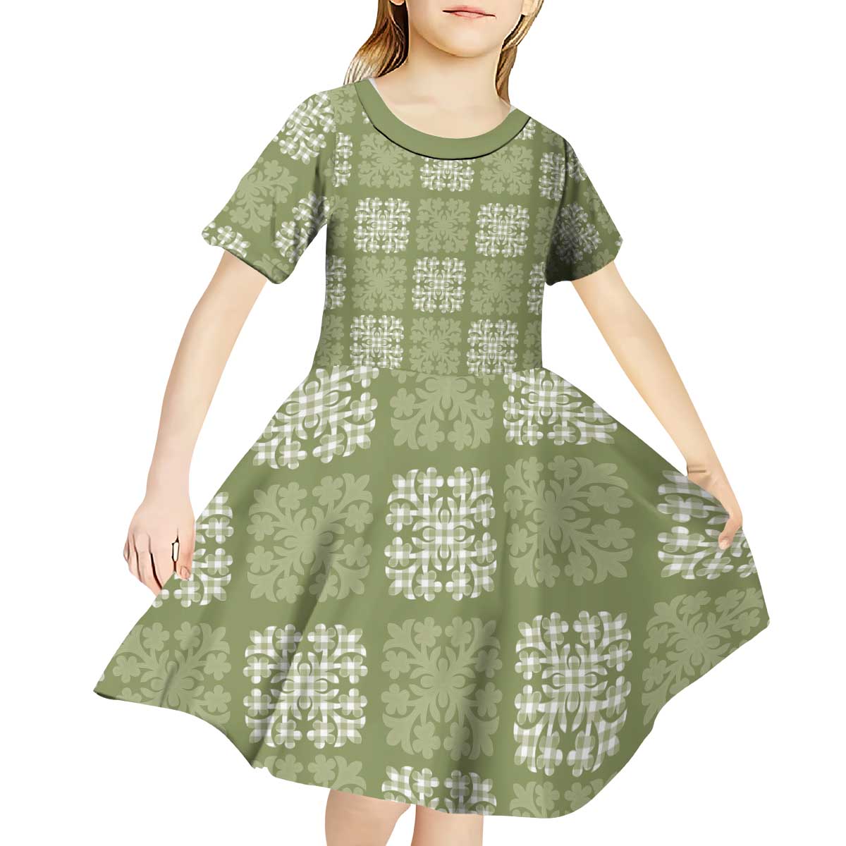 Vesuvian Green Palaka Quilt Hawaii Kid Short Sleeve Dress Traditional Hawaii-plaid Pattern - Polynesian Pride