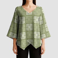 Vesuvian Green Palaka Quilt Hawaii Kimono Sleeve Blouse Traditional Hawaii-plaid Pattern - Polynesian Pride