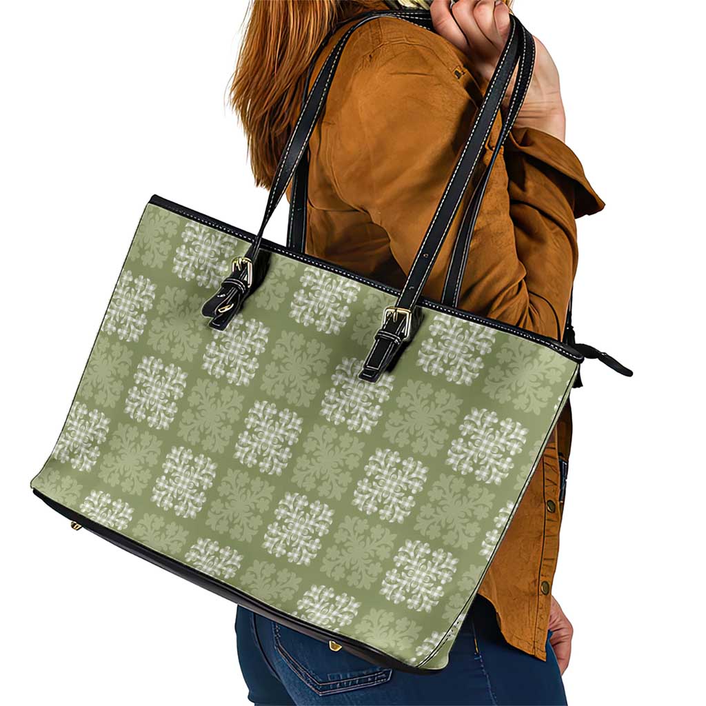 Vesuvian Green Palaka Quilt Hawaii Leather Tote Bag Traditional Hawaii-plaid Pattern - Polynesian Pride