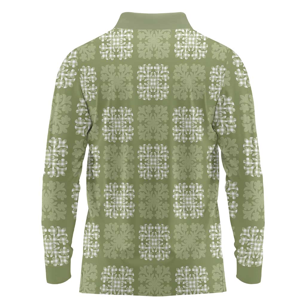 Vesuvian Green Palaka Quilt Hawaii Long Sleeve Polo Shirt Traditional Hawaii-plaid Pattern - Polynesian Pride