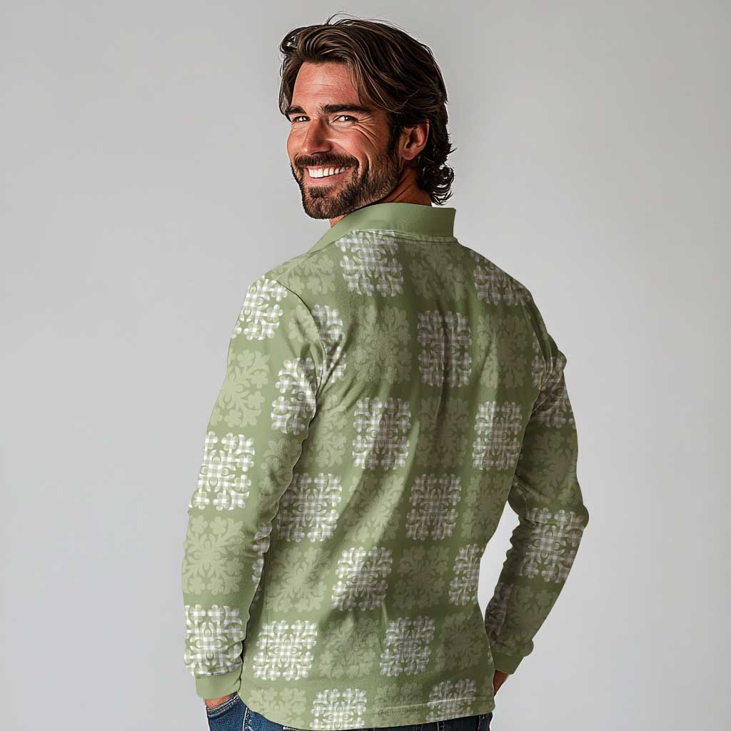 Vesuvian Green Palaka Quilt Hawaii Long Sleeve Polo Shirt Traditional Hawaii-plaid Pattern - Polynesian Pride