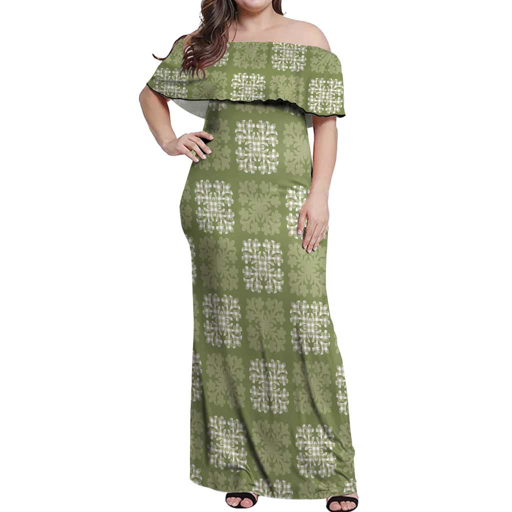 Vesuvian Green Palaka Quilt Hawaii Off Shoulder Maxi Dress Traditional Hawaii-plaid Pattern - Polynesian Pride