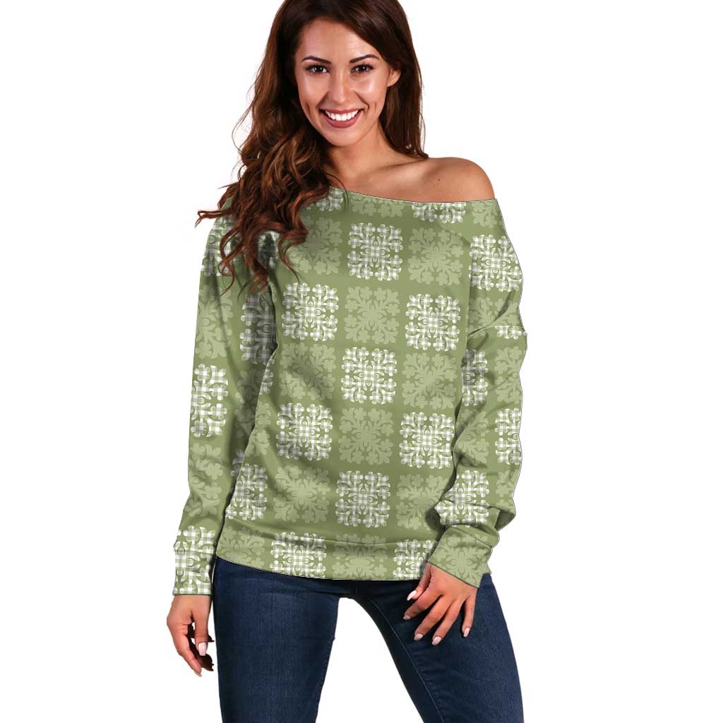 Vesuvian Green Palaka Quilt Hawaii Off Shoulder Sweater Traditional Hawaii-plaid Pattern - Polynesian Pride