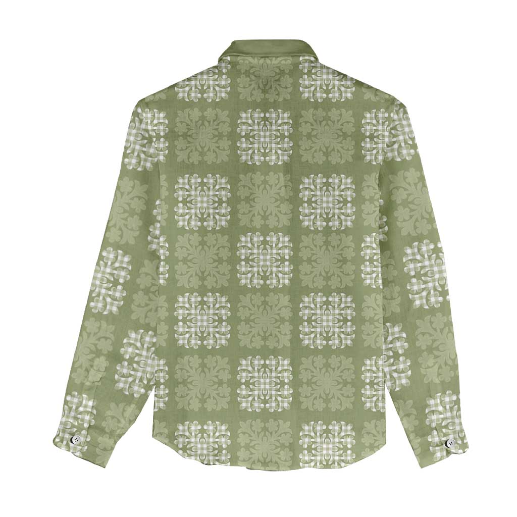 Vesuvian Green Palaka Quilt Hawaii Women Casual Shirt Traditional Hawaii-plaid Pattern - Polynesian Pride