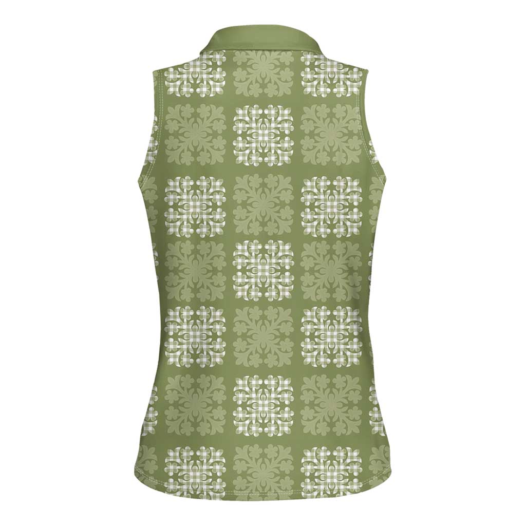 Vesuvian Green Palaka Quilt Hawaii Women Sleeveless Polo Shirt Traditional Hawaii-plaid Pattern - Polynesian Pride