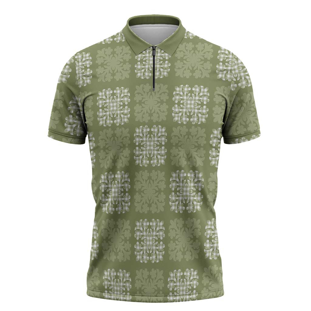 Vesuvian Green Palaka Quilt Hawaii Zipper Polo Shirt Traditional Hawaii-plaid Pattern - Polynesian Pride