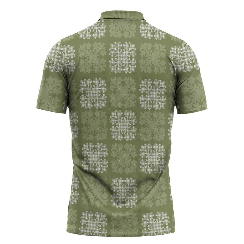 Vesuvian Green Palaka Quilt Hawaii Zipper Polo Shirt Traditional Hawaii-plaid Pattern - Polynesian Pride
