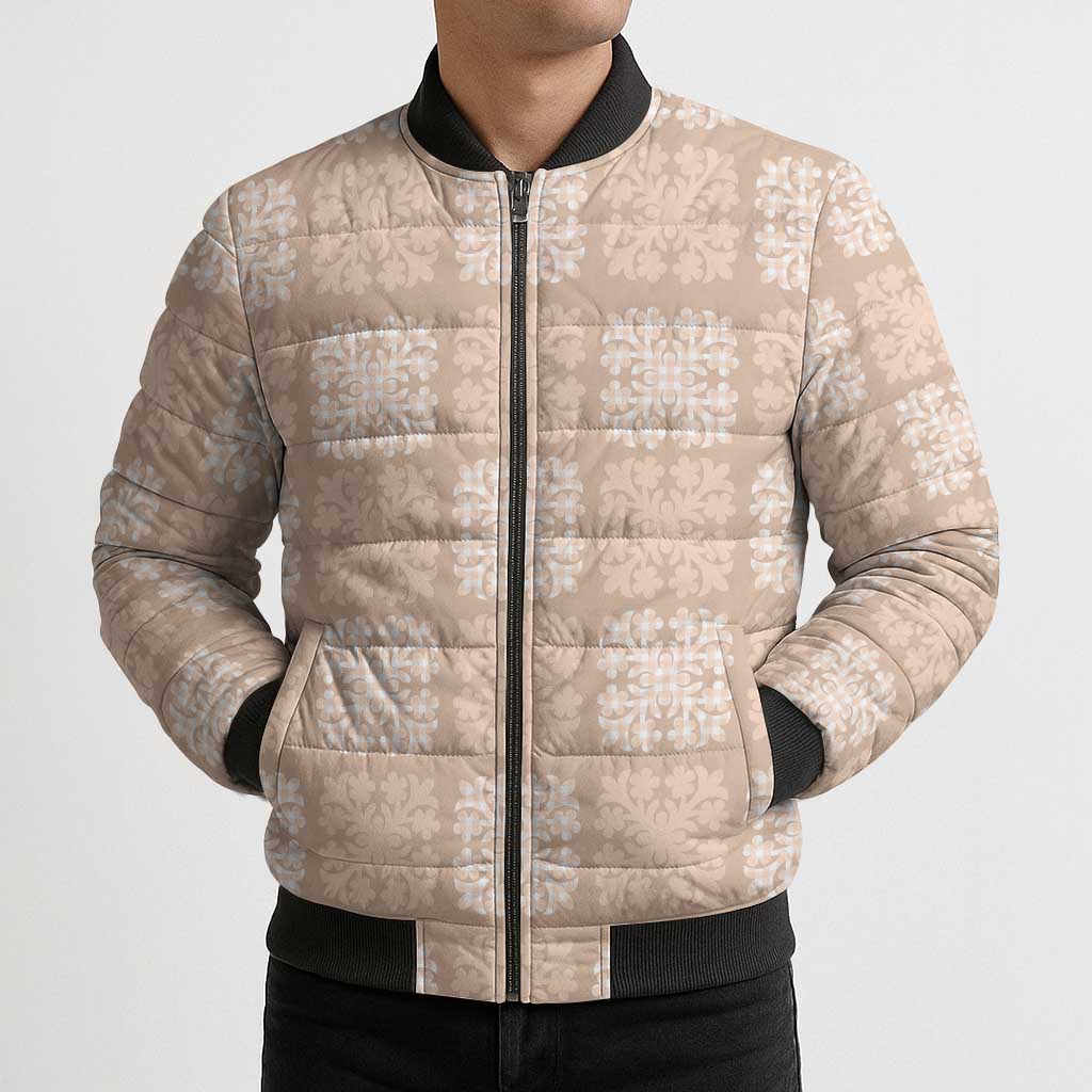 Beige Palaka Quilt Hawaii Bomber Puffer Jacket Traditional Hawaii-plaid Pattern - Polynesian Pride