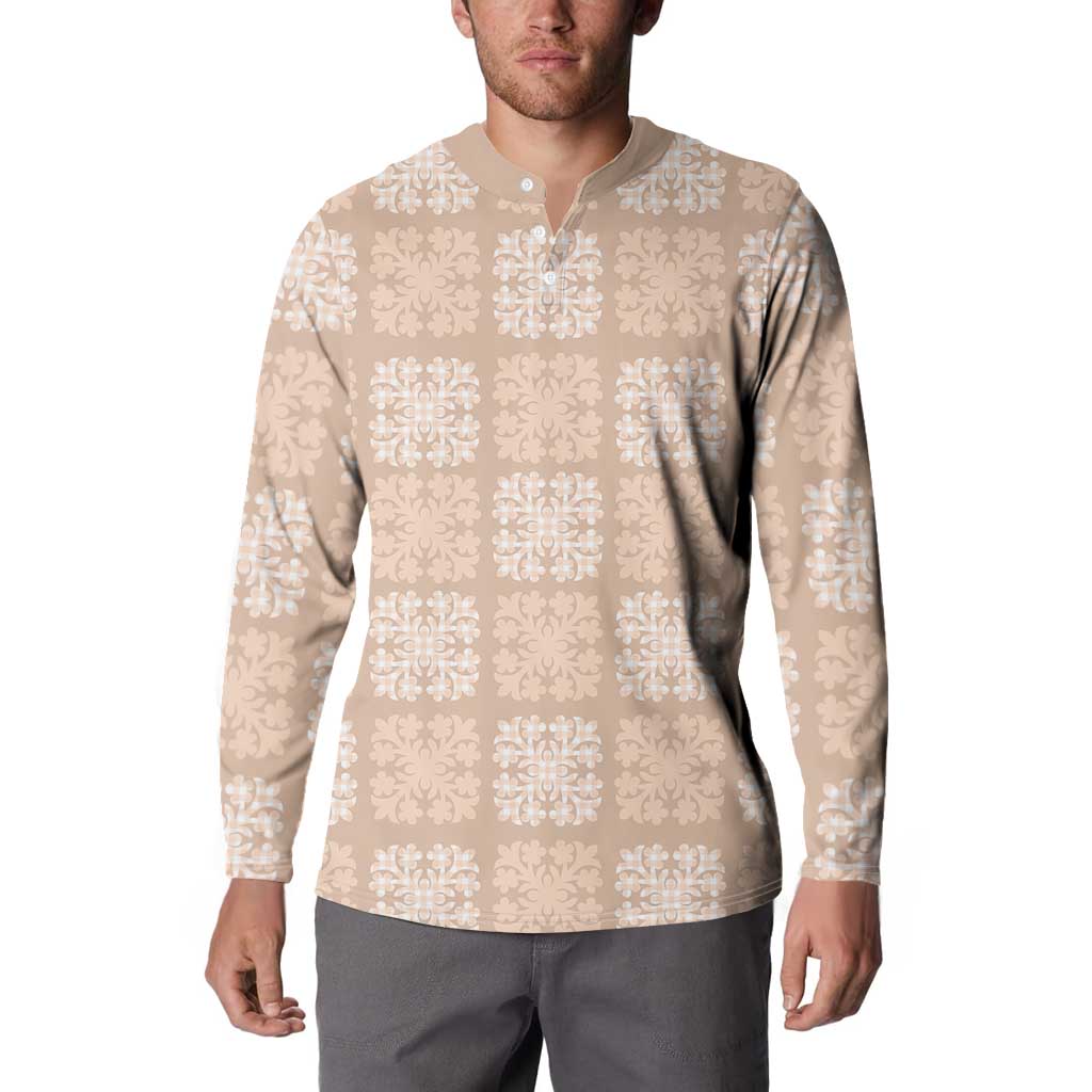 Beige Palaka Quilt Hawaii Button Sweatshirt Traditional Hawaii-plaid Pattern - Polynesian Pride
