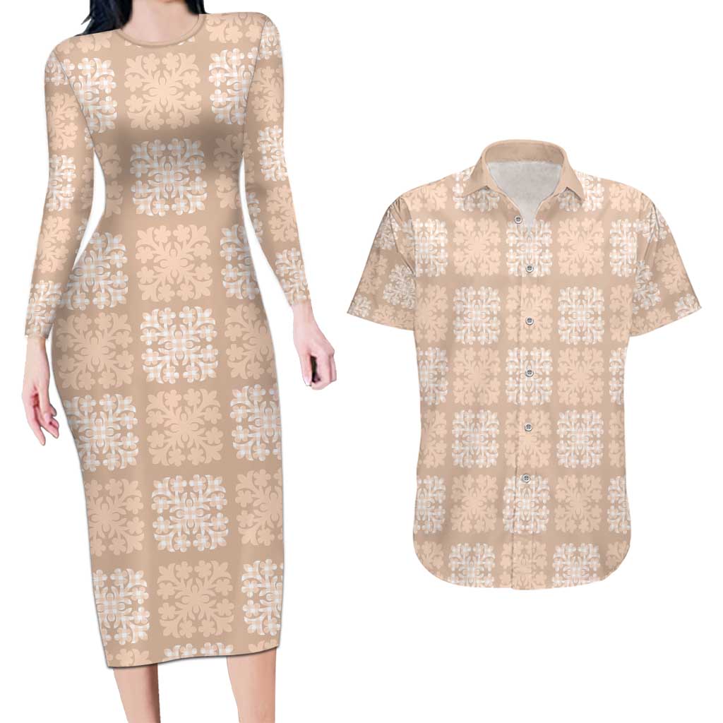 Beige Palaka Quilt Hawaii Couples Matching Long Sleeve Bodycon Dress and Hawaiian Shirt Traditional Hawaii-plaid Pattern - Polynesian Pride