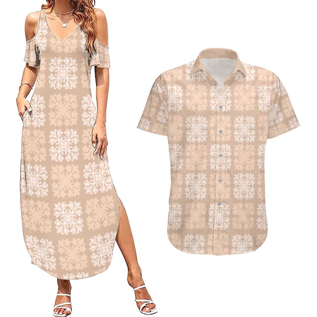 Beige Palaka Quilt Hawaii Couples Matching Summer Maxi Dress and Hawaiian Shirt Traditional Hawaii-plaid Pattern - Polynesian Pride
