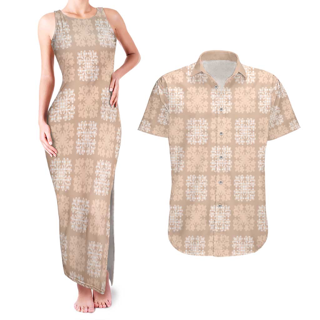 Beige Palaka Quilt Hawaii Couples Matching Tank Maxi Dress and Hawaiian Shirt Traditional Hawaii-plaid Pattern - Polynesian Pride
