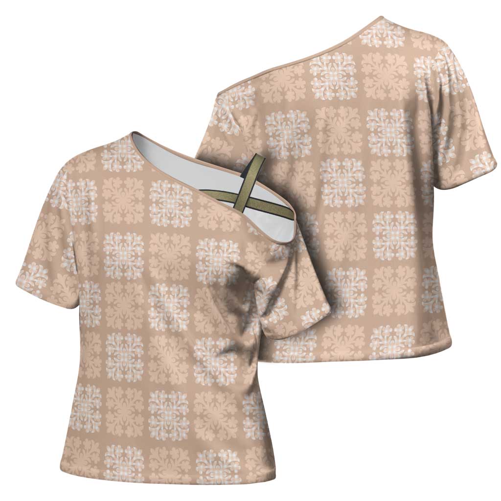Beige Palaka Quilt Hawaii Cross Shoulder Shirt Traditional Hawaii-plaid Pattern - Polynesian Pride