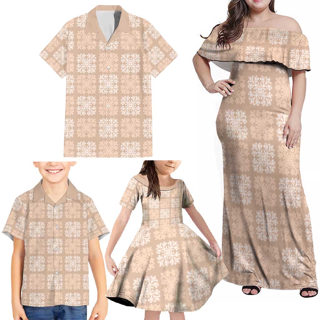 Beige Palaka Quilt Hawaii Family Matching Off Shoulder Maxi Dress and Hawaiian Shirt Traditional Hawaii-plaid Pattern - Polynesian Pride
