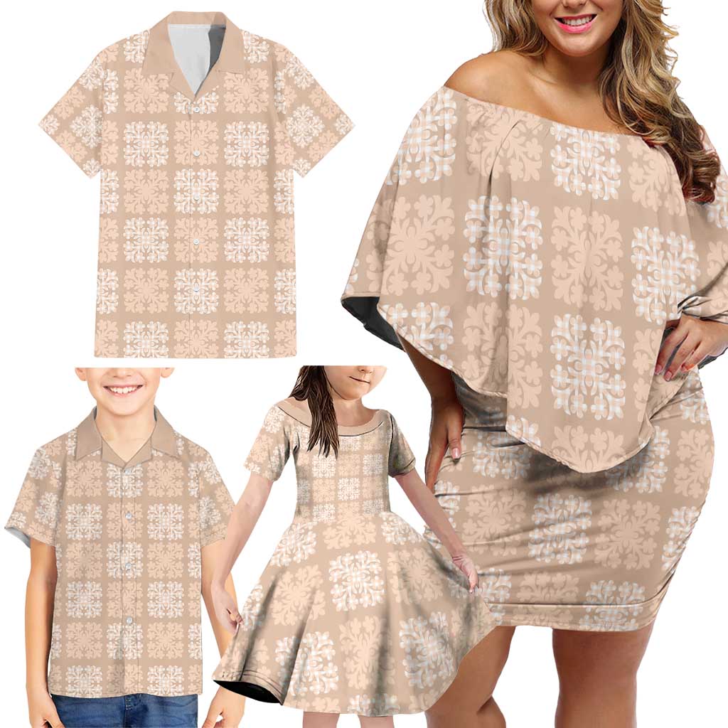 Beige Palaka Quilt Hawaii Family Matching Off Shoulder Short Dress and Hawaiian Shirt Traditional Hawaii-plaid Pattern - Polynesian Pride