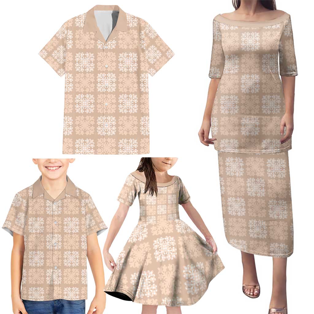 Beige Palaka Quilt Hawaii Family Matching Puletasi and Hawaiian Shirt Traditional Hawaii-plaid Pattern - Polynesian Pride