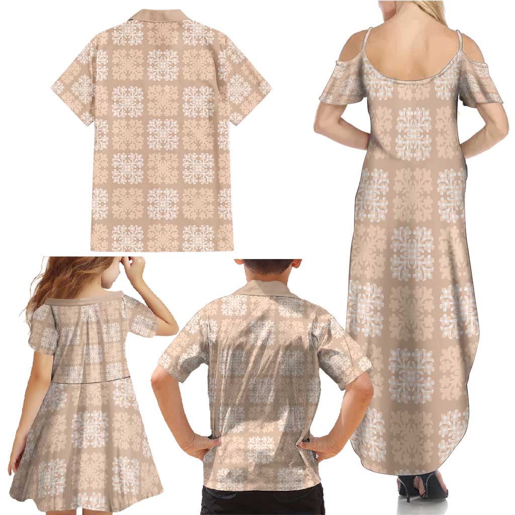 Beige Palaka Quilt Hawaii Family Matching Summer Maxi Dress and Hawaiian Shirt Traditional Hawaii-plaid Pattern - Polynesian Pride