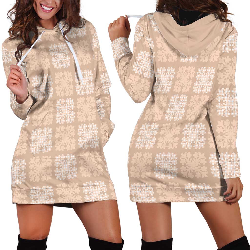 Beige Palaka Quilt Hawaii Hoodie Dress Traditional Hawaii-plaid Pattern - Polynesian Pride