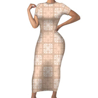 Beige Palaka Quilt Hawaii Short Sleeve Bodycon Dress Traditional Hawaii-plaid Pattern - Polynesian Pride