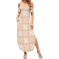 Beige Palaka Quilt Hawaii Summer Maxi Dress Traditional Hawaii-plaid Pattern - Polynesian Pride