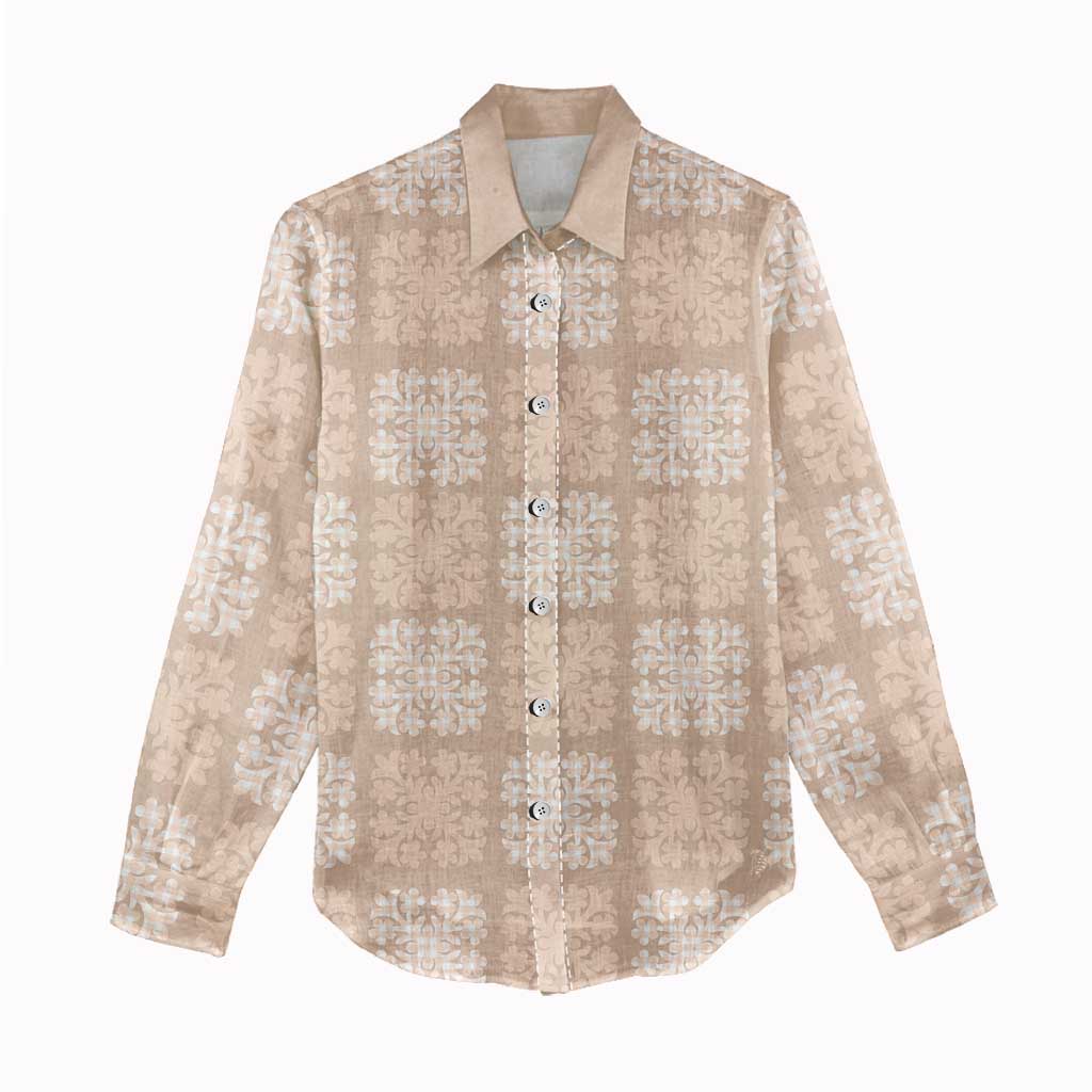 Beige Palaka Quilt Hawaii Women Casual Shirt Traditional Hawaii-plaid Pattern - Polynesian Pride