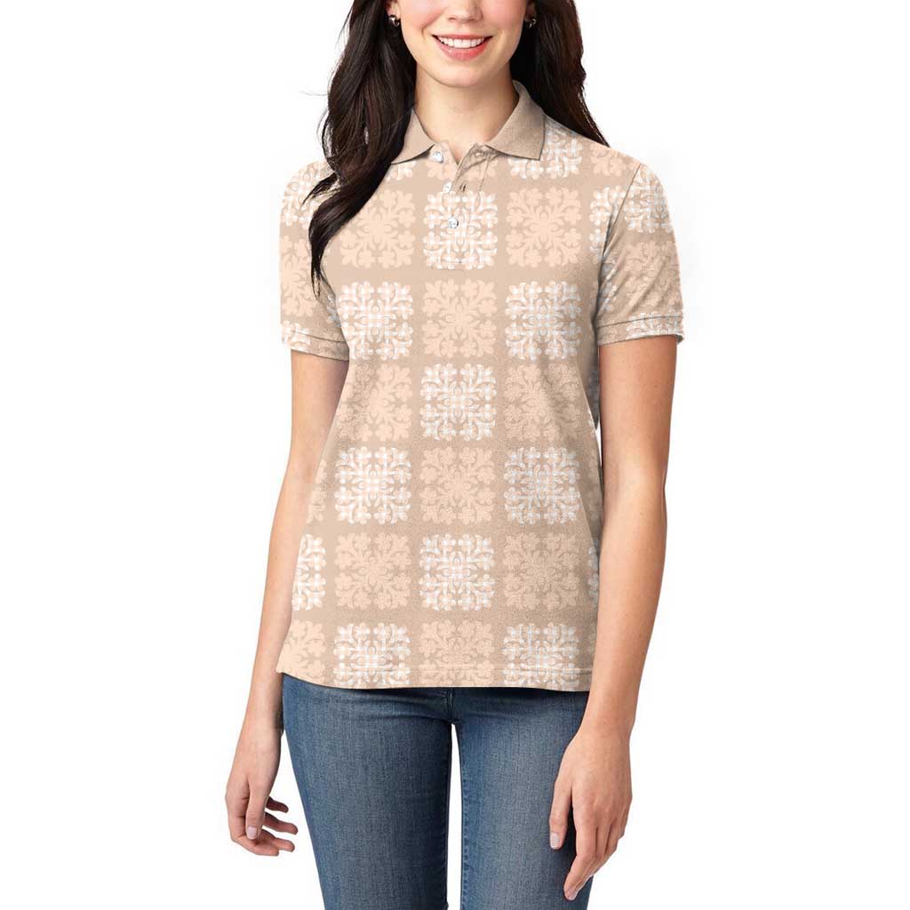 Beige Palaka Quilt Hawaii Women Polo Shirt Traditional Hawaii-plaid Pattern - Polynesian Pride