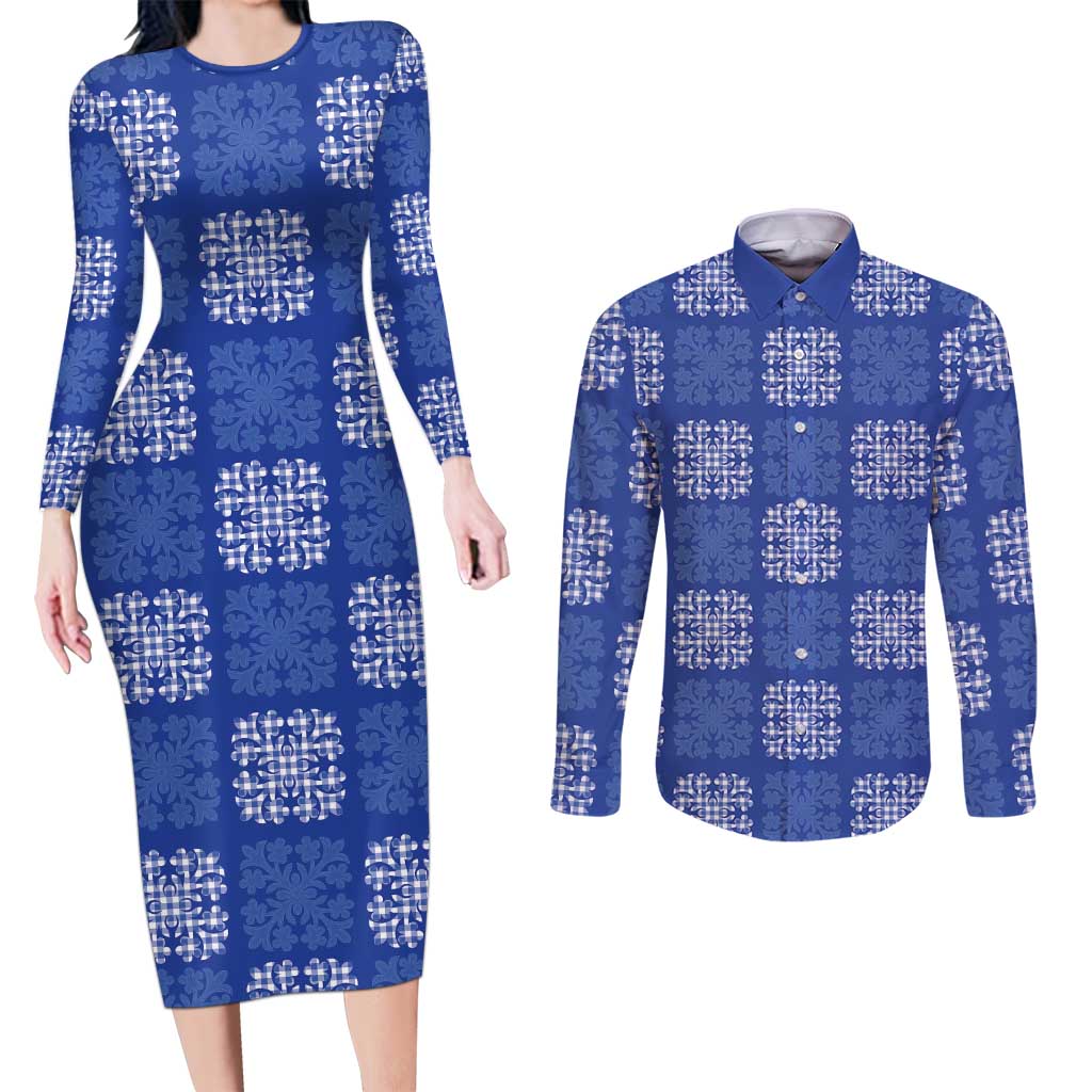 Royal Blue Palaka Quilt Hawaii Couples Matching Long Sleeve Bodycon Dress and Long Sleeve Button Shirt Traditional Hawaii-plaid Pattern - Polynesian Pride