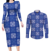 Royal Blue Palaka Quilt Hawaii Couples Matching Long Sleeve Bodycon Dress and Long Sleeve Button Shirt Traditional Hawaii-plaid Pattern - Polynesian Pride