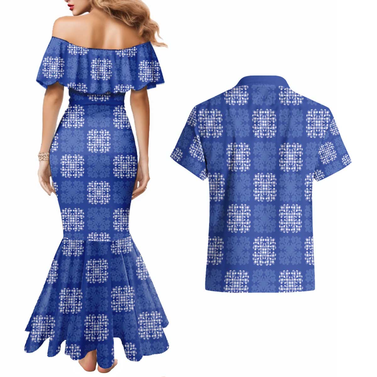 Royal Blue Palaka Quilt Hawaii Couples Matching Mermaid Dress and Hawaiian Shirt Traditional Hawaii-plaid Pattern - Polynesian Pride