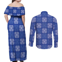 Royal Blue Palaka Quilt Hawaii Couples Matching Off Shoulder Maxi Dress and Long Sleeve Button Shirt Traditional Hawaii-plaid Pattern - Polynesian Pride
