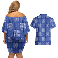 Royal Blue Palaka Quilt Hawaii Couples Matching Off Shoulder Short Dress and Hawaiian Shirt Traditional Hawaii-plaid Pattern - Polynesian Pride