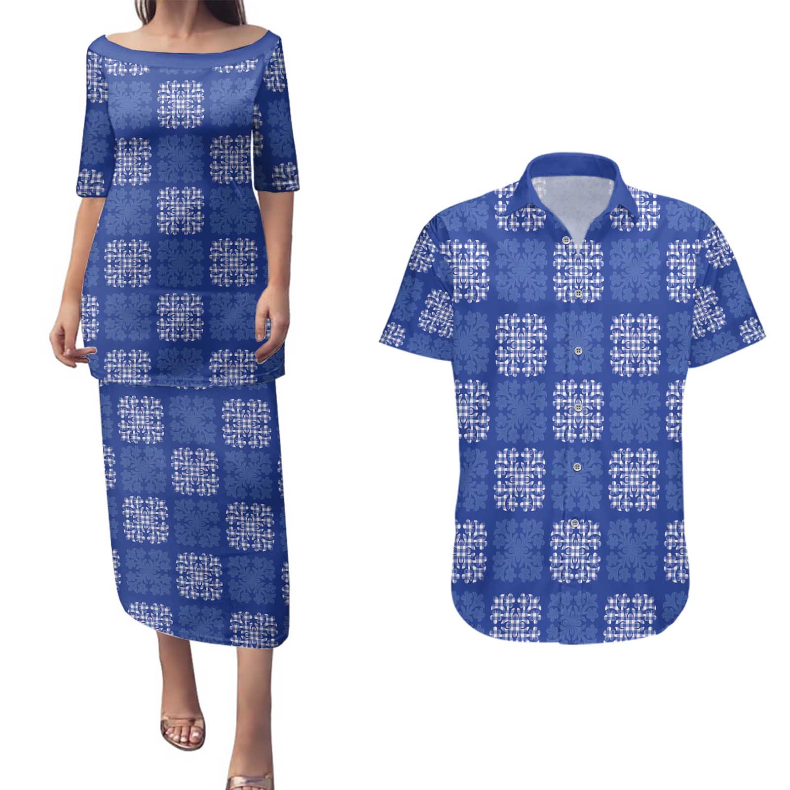 Royal Blue Palaka Quilt Hawaii Couples Matching Puletasi and Hawaiian Shirt Traditional Hawaii-plaid Pattern - Polynesian Pride