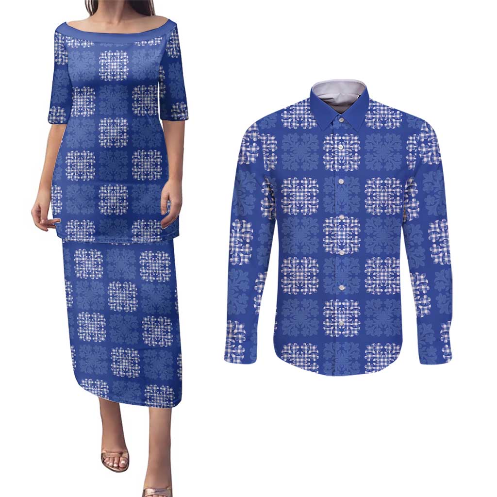 Royal Blue Palaka Quilt Hawaii Couples Matching Puletasi and Long Sleeve Button Shirt Traditional Hawaii-plaid Pattern - Polynesian Pride