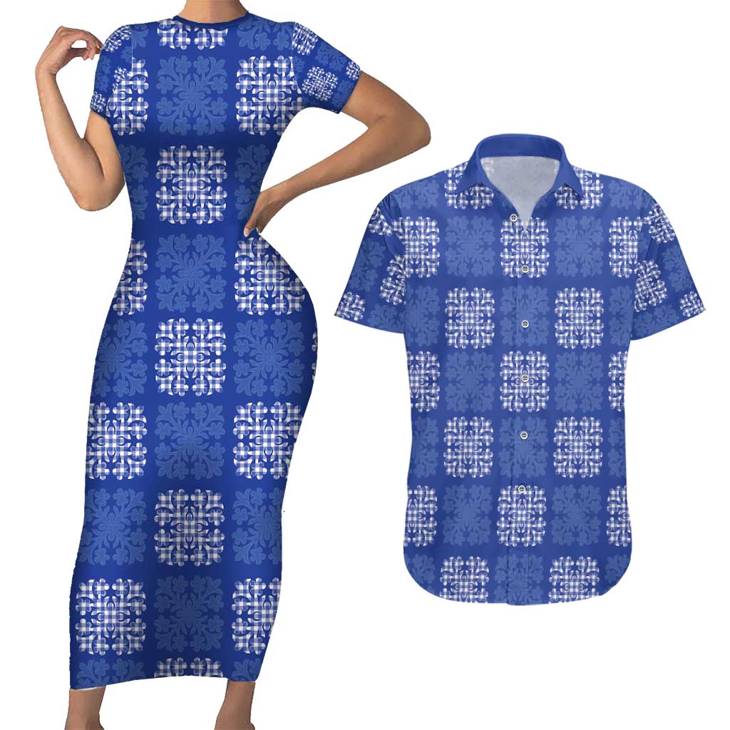 Royal Blue Palaka Quilt Hawaii Couples Matching Short Sleeve Bodycon Dress and Hawaiian Shirt Traditional Hawaii-plaid Pattern - Polynesian Pride